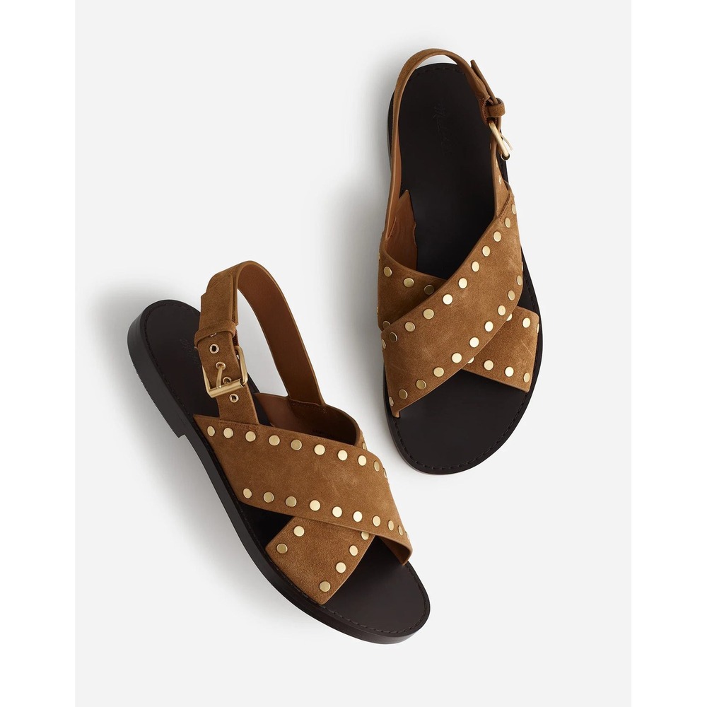 Madewell Studded Suede Slingback Sandals Womens 7.5 Brown Gold Flat